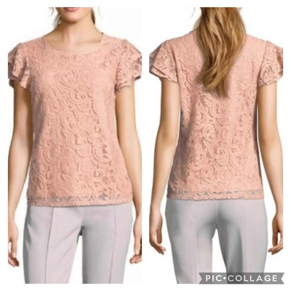 Adrianna Pappel Dusty Pink Lace Flutter Sleeve Blouse Women's Sz XL